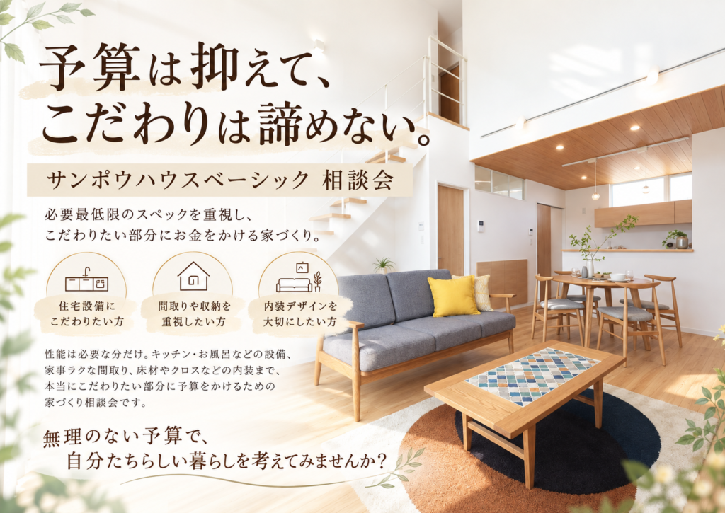 明るい木目のリビング・ダイニングを背景にした、予算を抑えながら間取り・住宅設備・内装にこだわれるサンポウハウスベーシック相談会のイベント画像。
