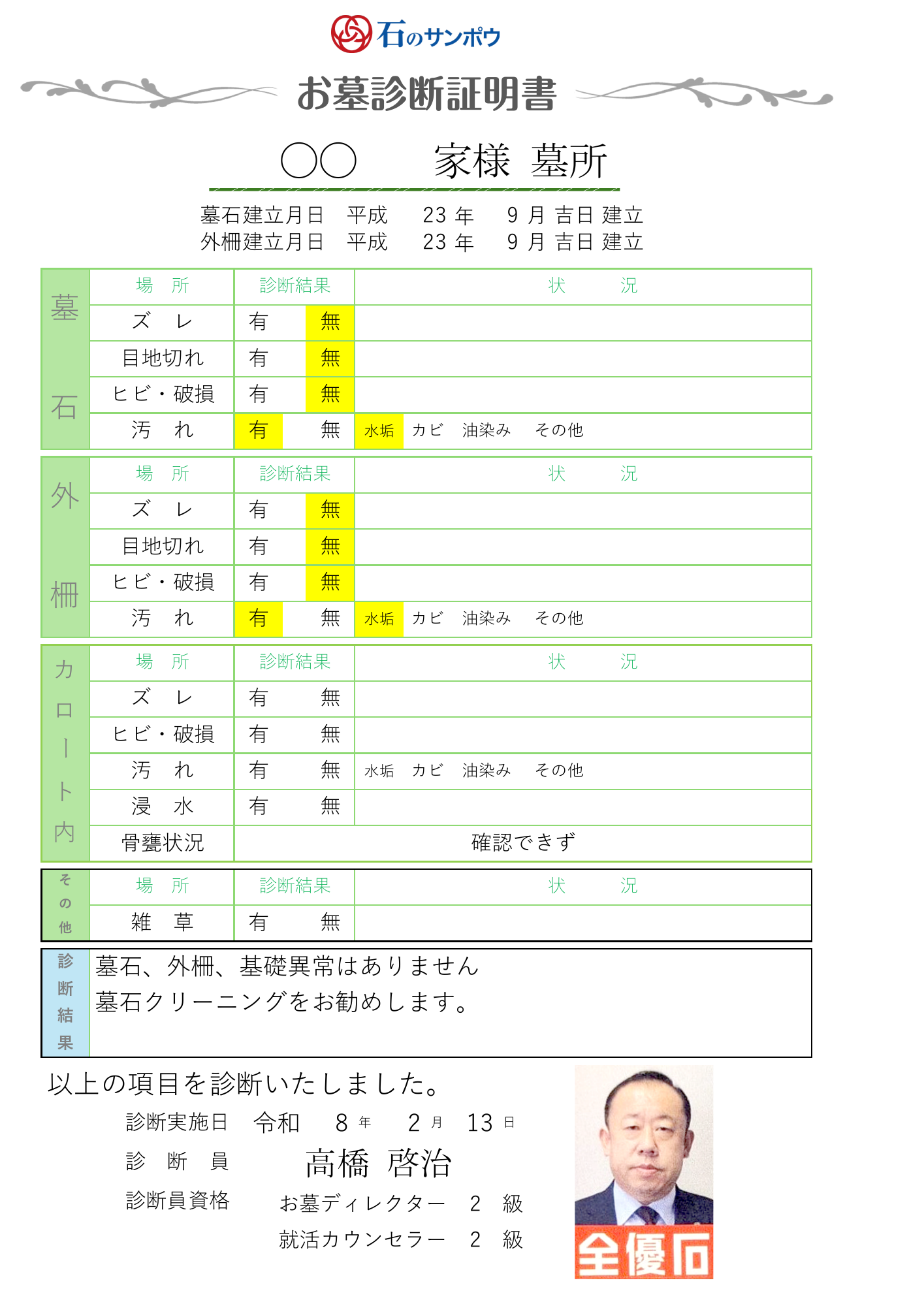 お墓診断証明書の記入例。墓石・外柵・納骨室・雑草の状況、診断結果、診断実施日、診断員を記載。